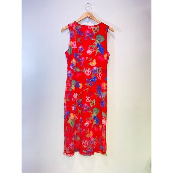Nally & Millie USA Red Sheer Flower Print  Dress Y2K Indie Sleaze Medium Rare - Picture 4 of 11